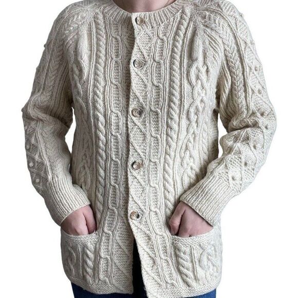 Vintage Hand Knit Womens White 100% Wool Fisherman Chunky Knit Cardigan Sz M - Picture 6 of 9
